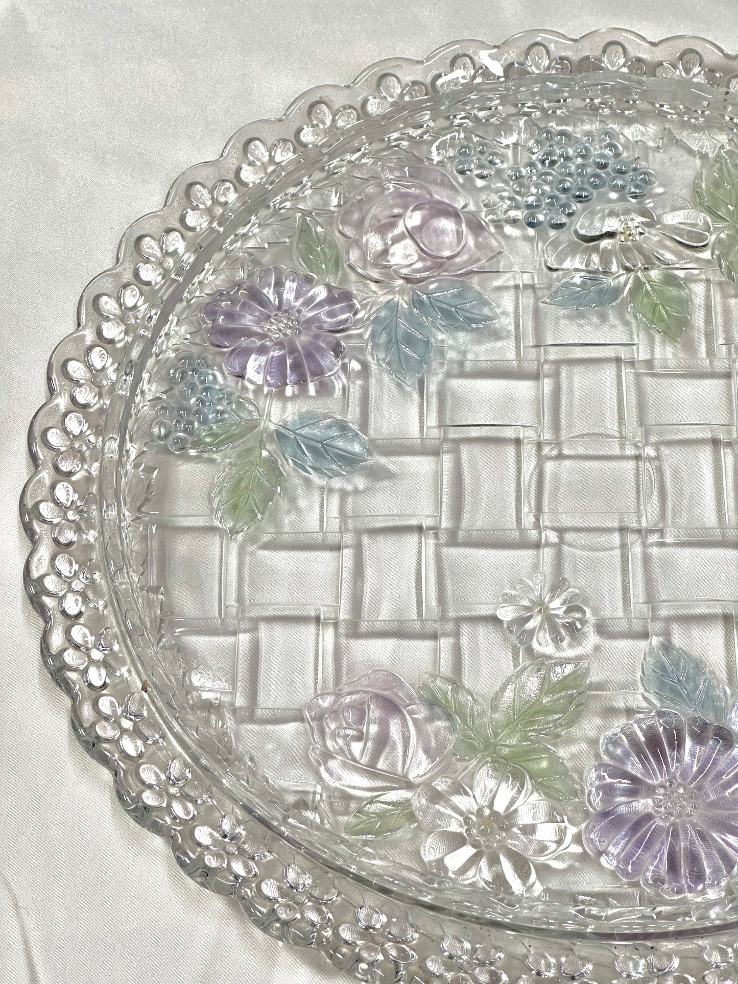 Vintage Crystal Serving Cake Plate With Pastel Flowers