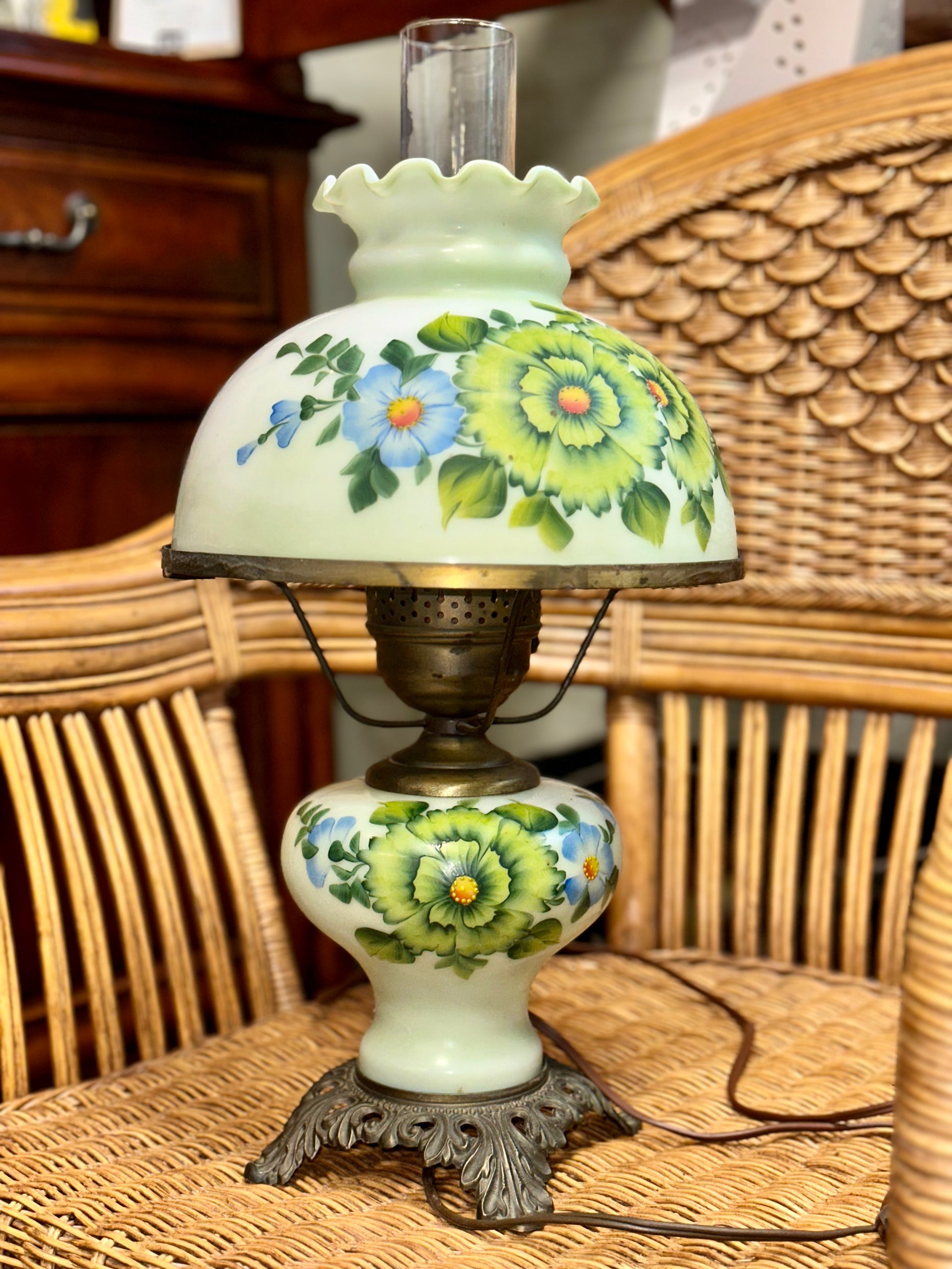 Vintage Hurricane Parlor Milk Glass Lamp Floral Embossed – Terra