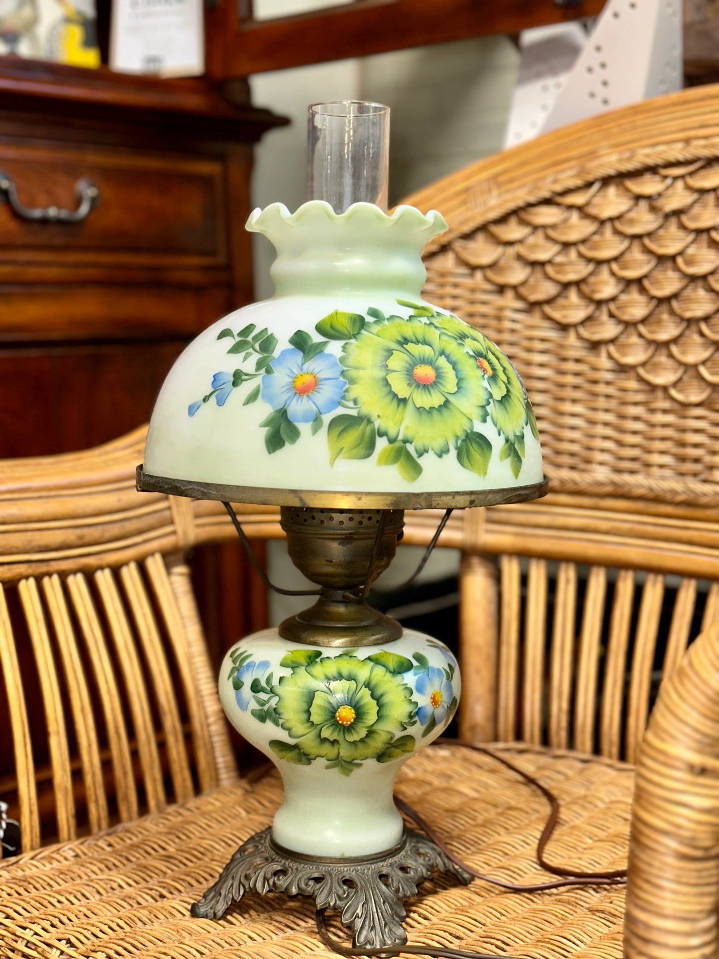 Vintage Hurricane Parlor Milk Glass Lamp Floral Embossed