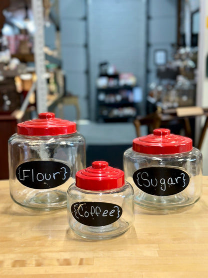Vintage Flour, Coffee & Sugar Jar Set with Red Metal Lids