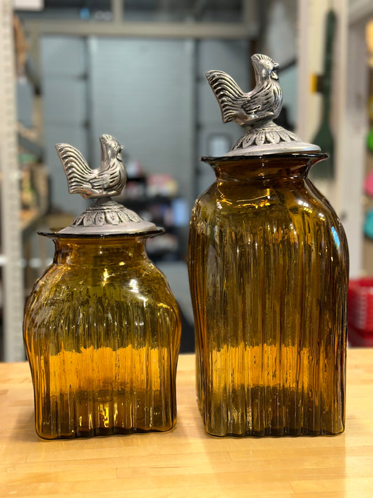 Two Antique Rooster Canister Glass