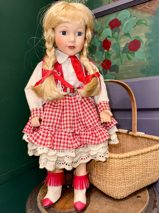 Vintage Porcelain Cowgirl Doll – Red Gingham Dress, Braided Hair, Western Boots