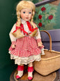Vintage Porcelain Cowgirl Doll – Red Gingham Dress, Braided Hair, Western Boots