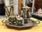 Vintage EPCA Bristol Silverplate 4-Piece Tea Set with Ornate Tray – Teapot, Sugar Bowl, Creamer & Serving Tray