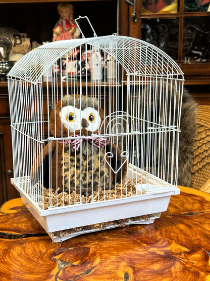 "Terrance" Owl Plush Toy in Retro Birdcage - Vintage-Style Home Decor