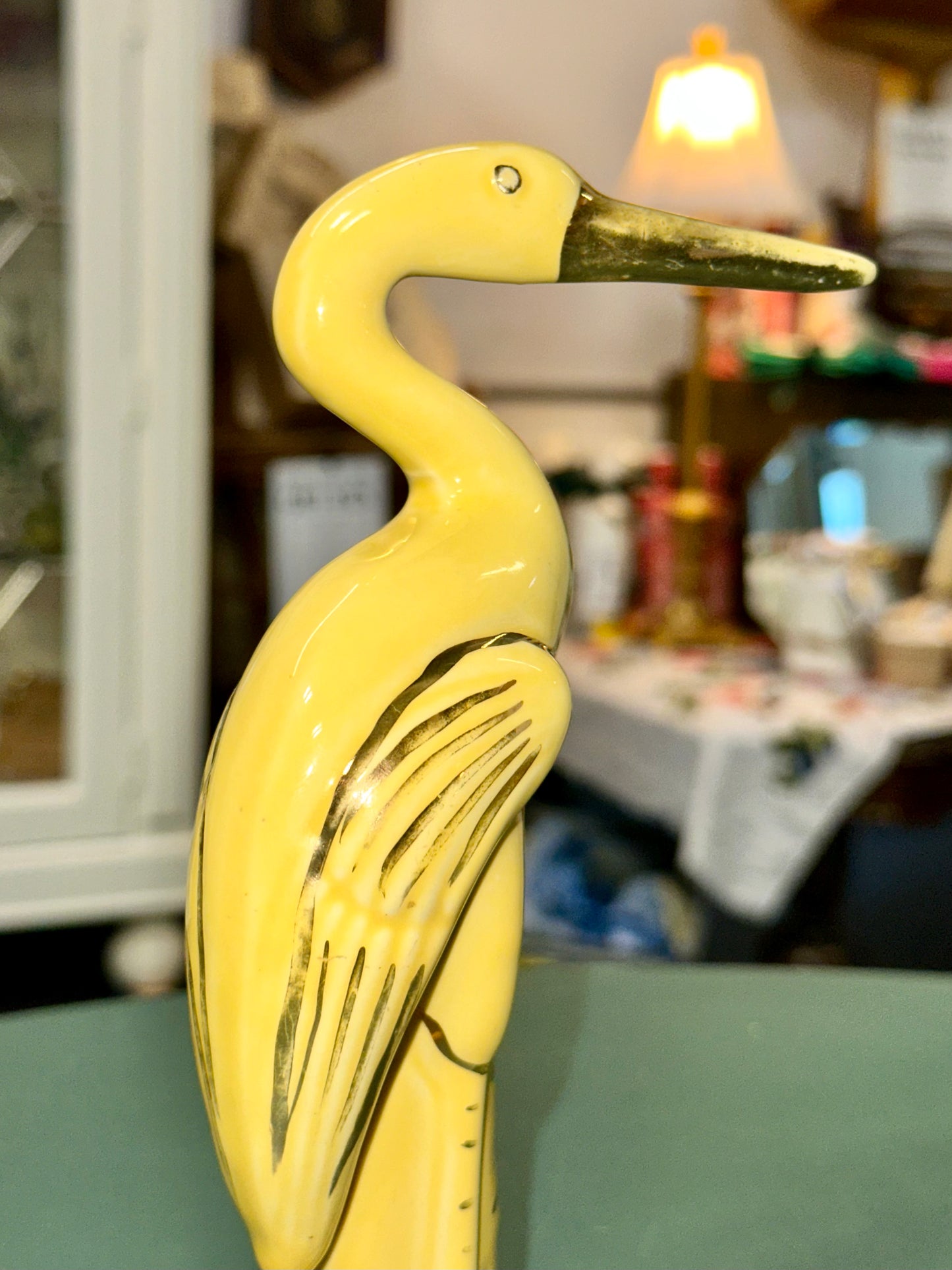 Vintage Yellow Ceramic Crane Figurine with Gold Accents