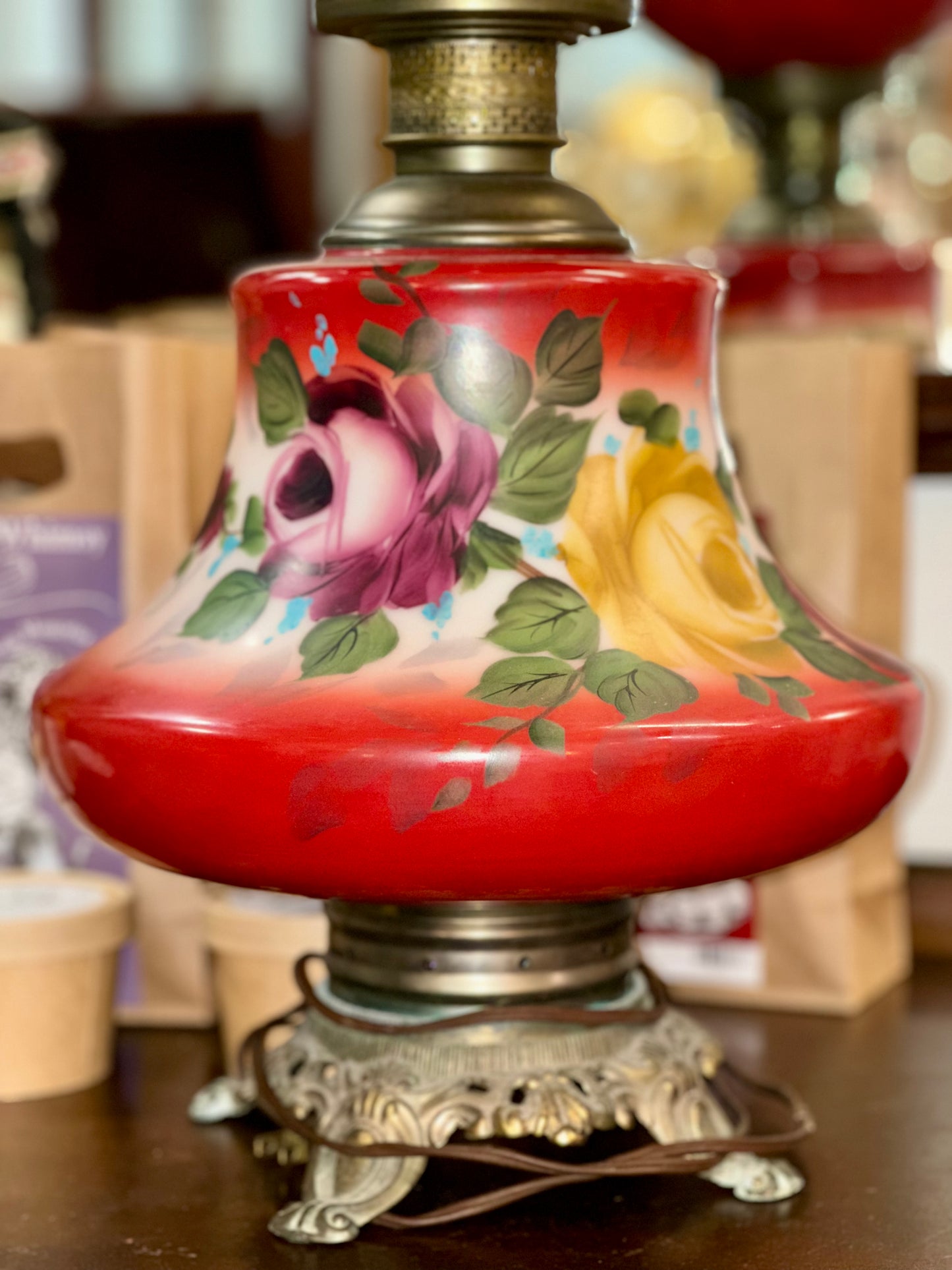 Vintage Gone with the Wind Style Red Floral Hurricane Lamp