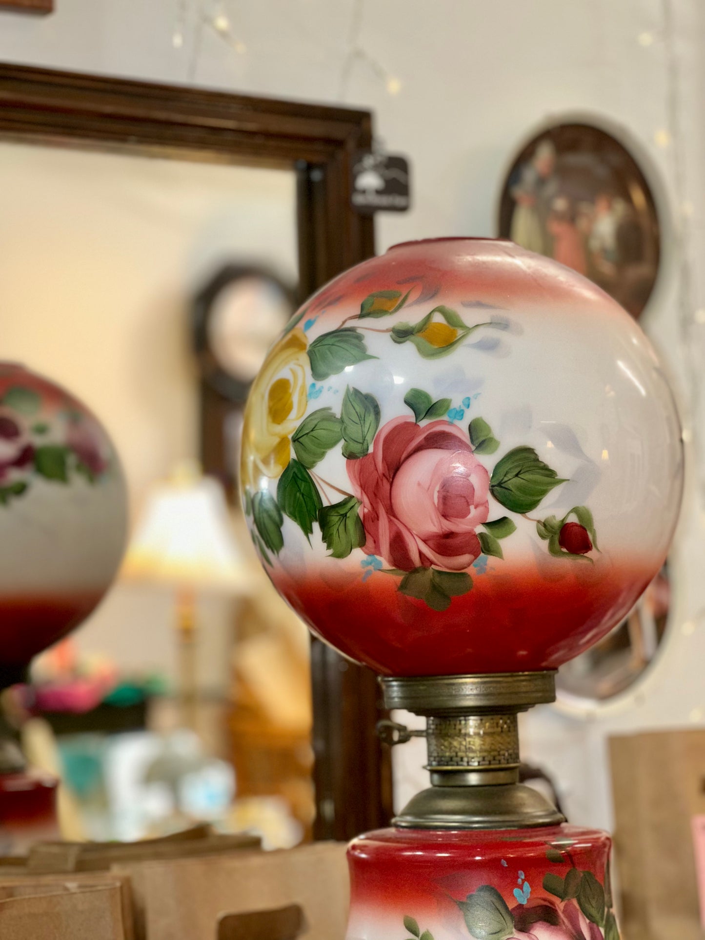 Vintage Gone with the Wind Style Red Floral Hurricane Lamp