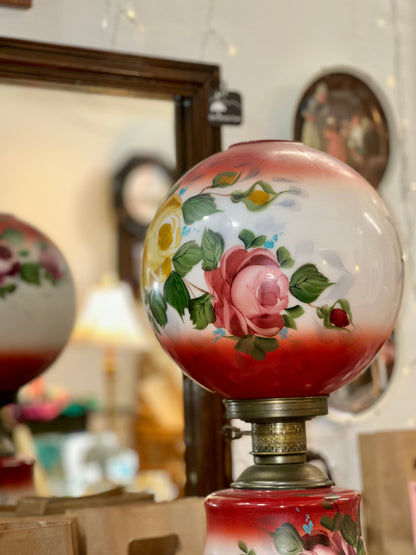 Vintage Gone with the Wind Style Red Floral Hurricane Lamp