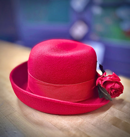 Red "Amanda Smith" Bowler Hat with Flower Pin