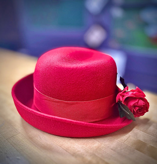 Red "Amanda Smith" Bowler Hat with Flower Pin