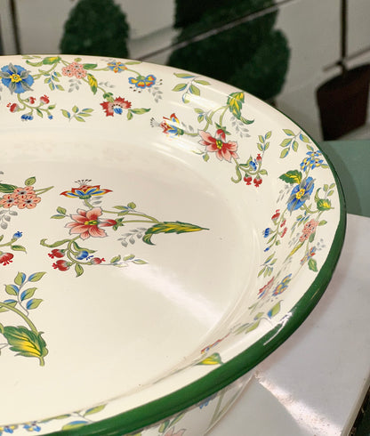 Vintage Floral Green-Rim Mixing Basin with Lid – Retro Cottage Farmhouse Kitchenware