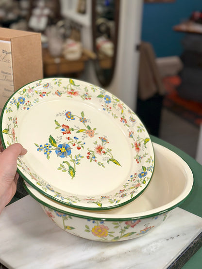 Vintage Floral Green-Rim Mixing Basin with Lid – Retro Cottage Farmhouse Kitchenware