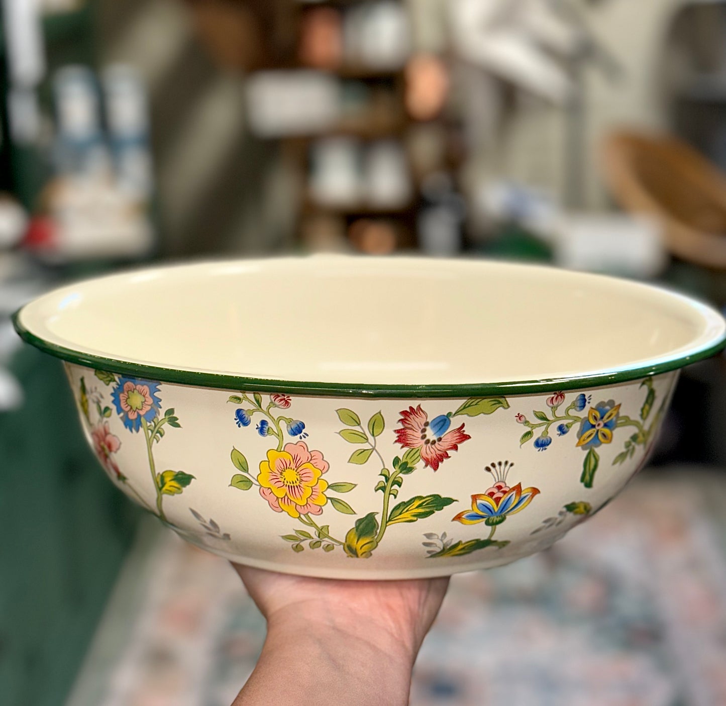 Vintage Floral Green-Rim Mixing Basin with Lid – Retro Cottage Farmhouse Kitchenware