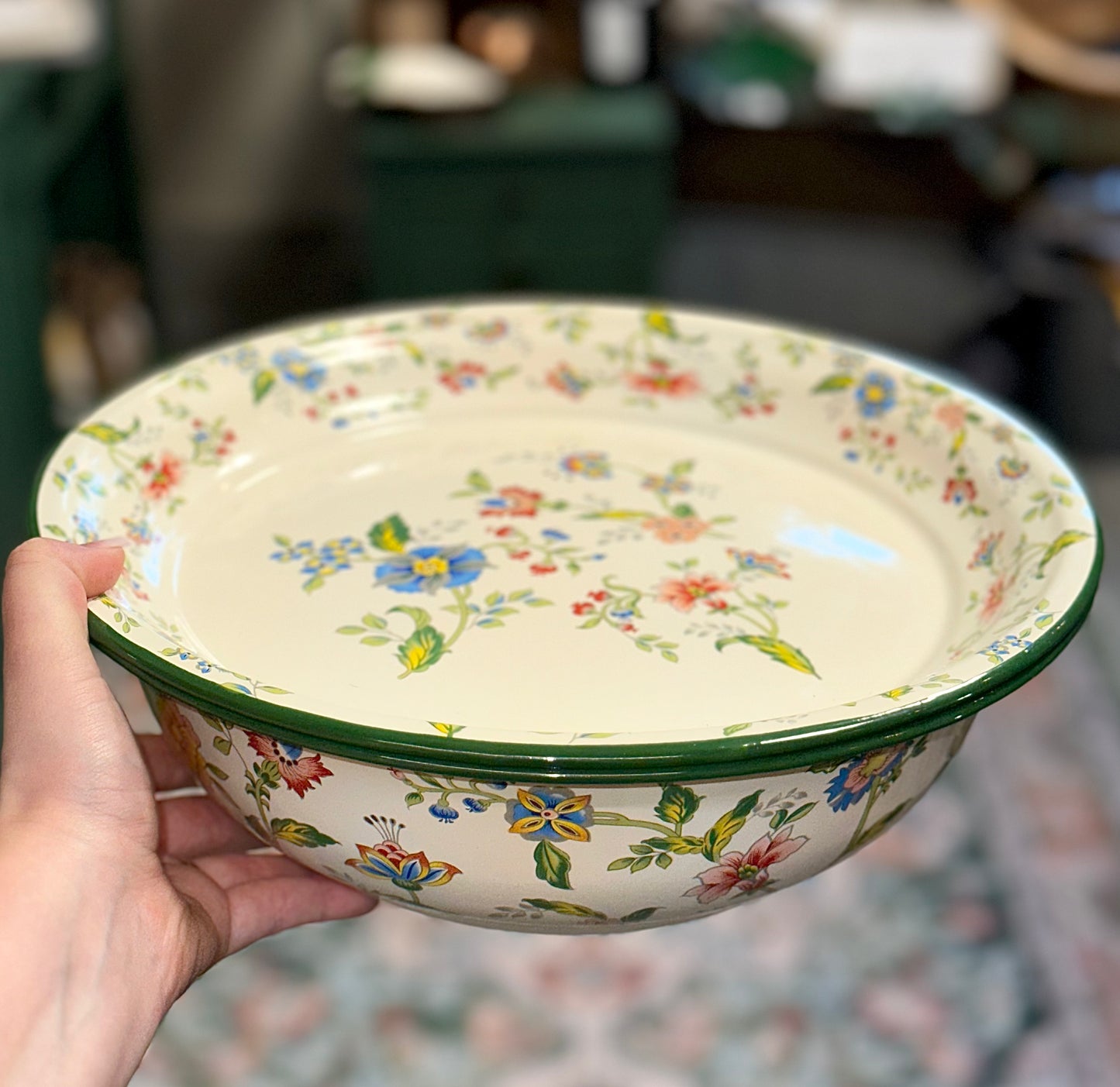 Vintage Floral Green-Rim Mixing Basin with Lid – Retro Cottage Farmhouse Kitchenware
