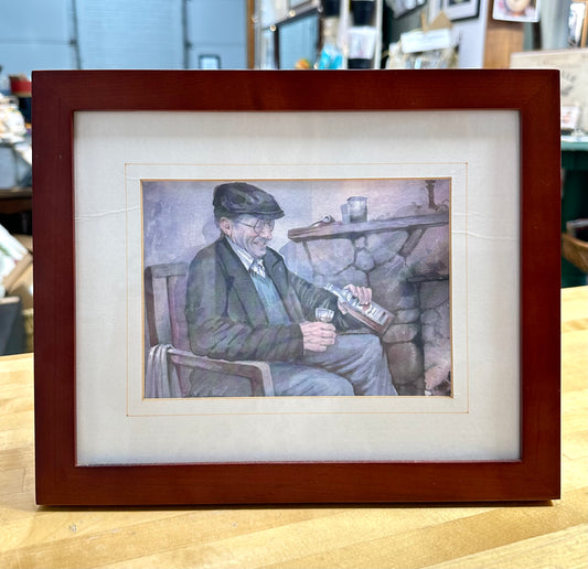 Vintage Framed Watercolor – Man with Whiskey by the Fire