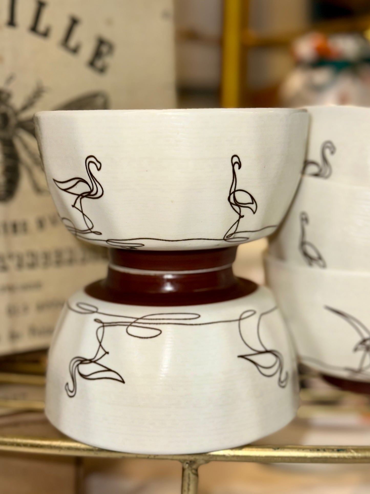 Set of 5 Modern Ceramic Bowls – Minimal Flamingo Line Art Design (White & Brown Base)
