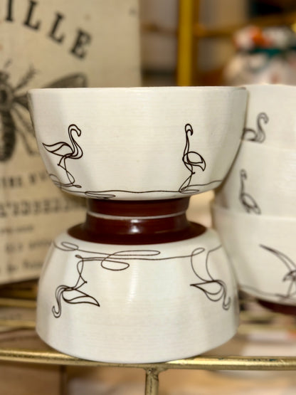 Set of 5 Modern Ceramic Bowls – Minimal Flamingo Line Art Design (White & Brown Base)