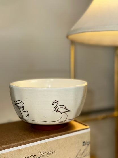 Set of 5 Modern Ceramic Bowls – Minimal Flamingo Line Art Design (White & Brown Base)