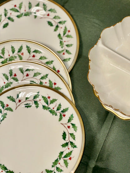 Lenox Holiday Dinnerware Set – Porcelain Plates & Serving Dish Holly & Gold Trim Collection