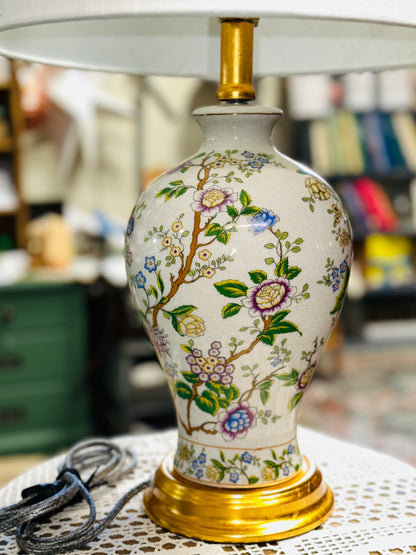 Vintage Floral Porcelain Table Lamp with Gold Base