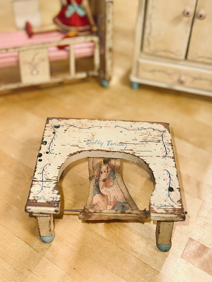 Vintage 1940s Wooden Doll Furniture Set – “Dolly’s Room” (Crib, Wardrobe & High Chair with Doll)