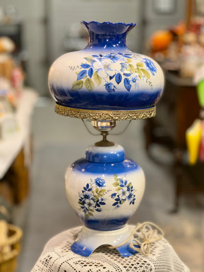 Vintage Blue & White Floral Hurricane Table Lamp