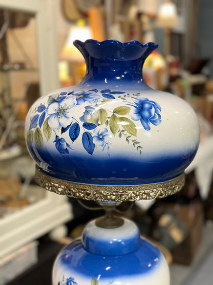 Vintage Blue & White Floral Hurricane Table Lamp