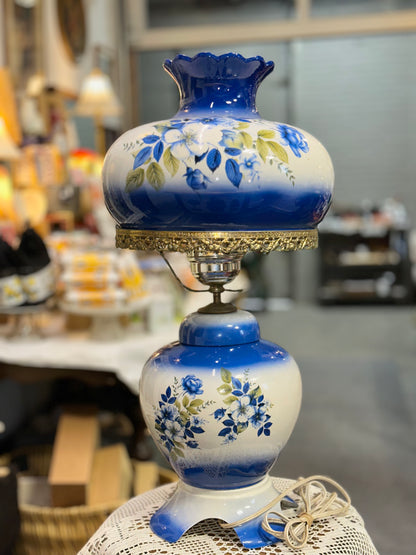 Vintage Blue & White Floral Hurricane Table Lamp