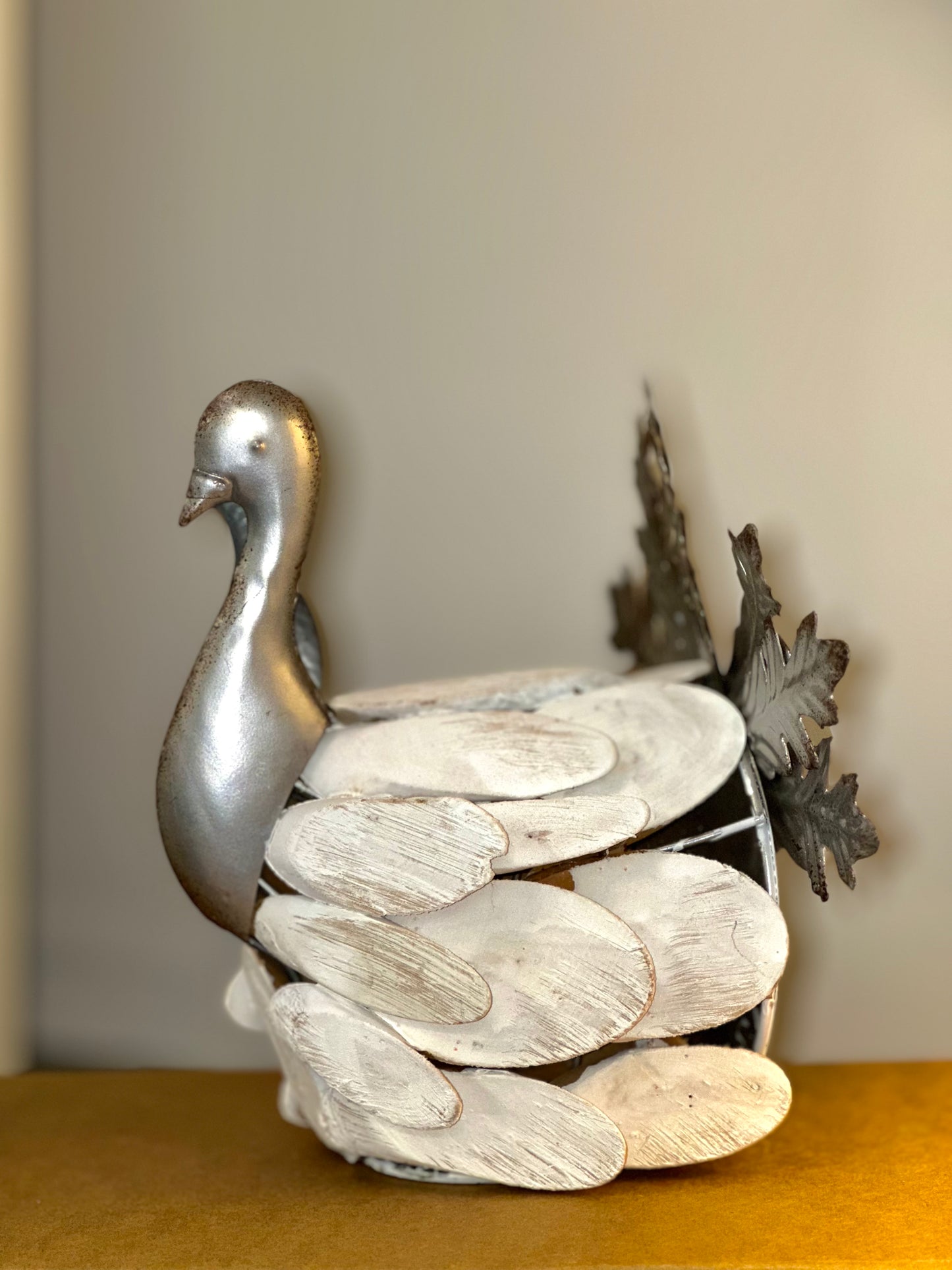 Rustic Metal and Wood Peacock Figurine