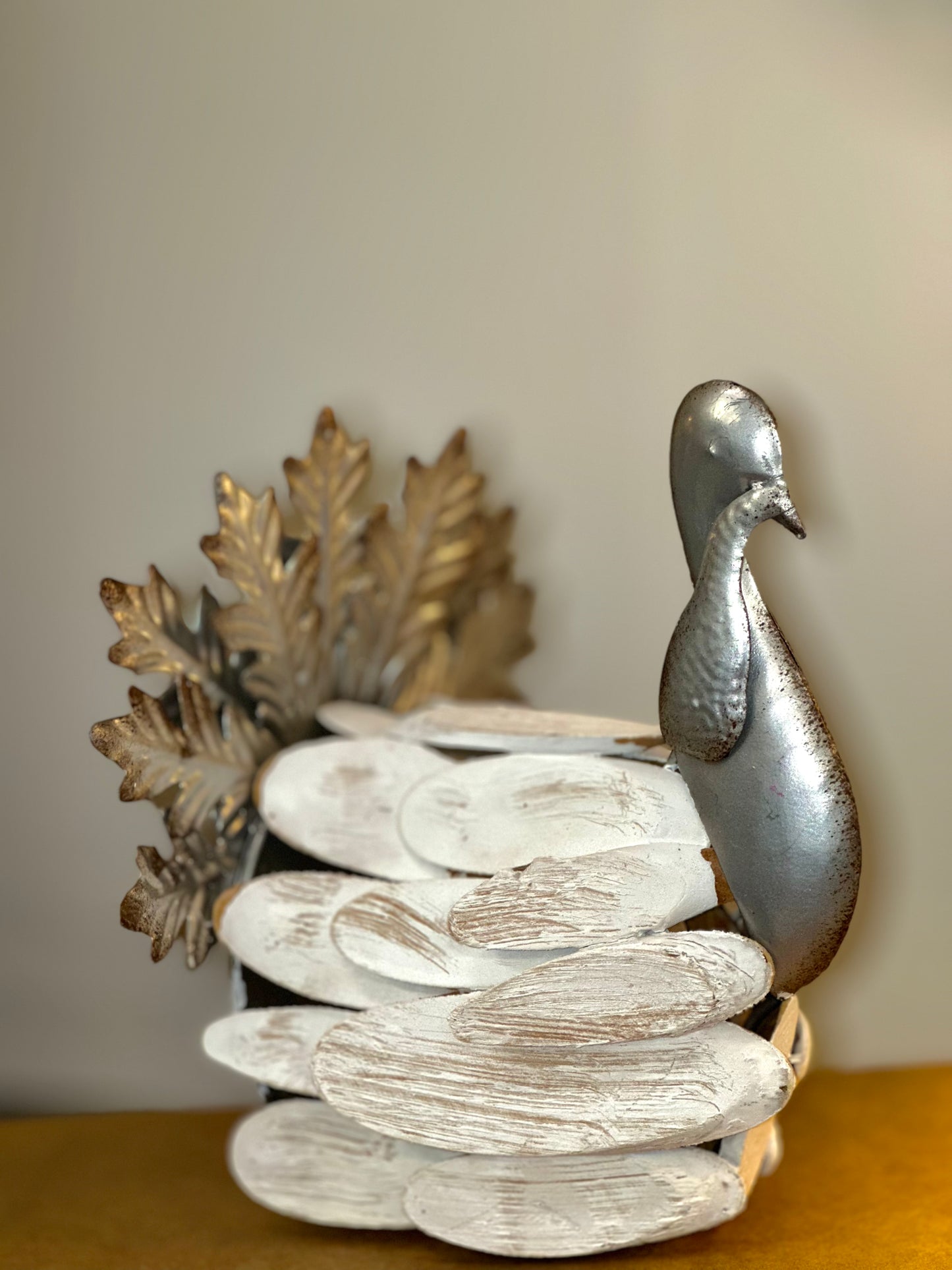 Rustic Metal and Wood Peacock Figurine