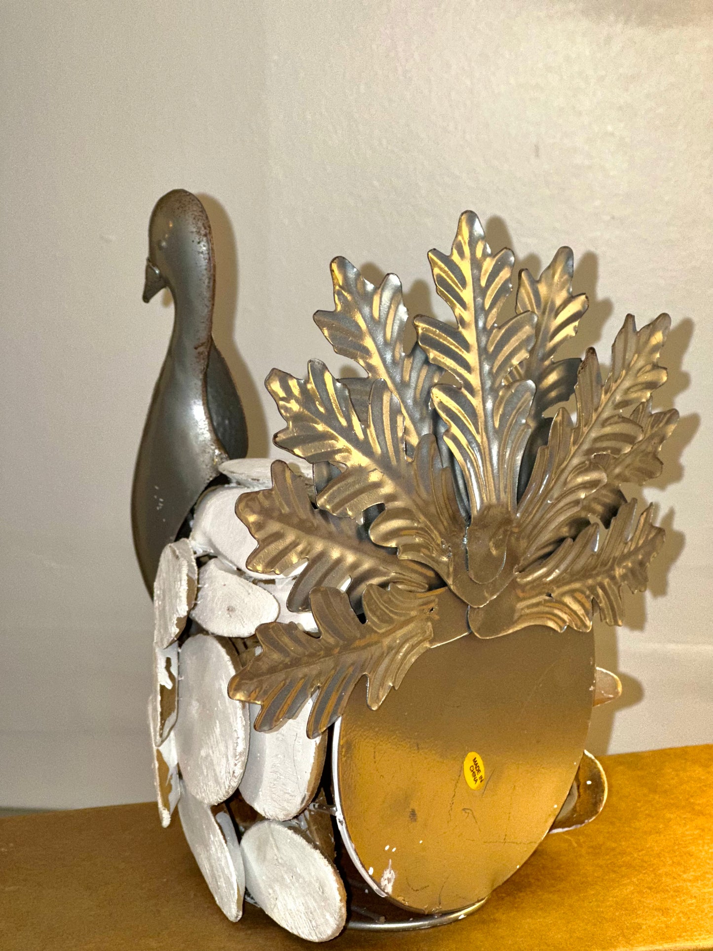 Rustic Metal and Wood Peacock Figurine