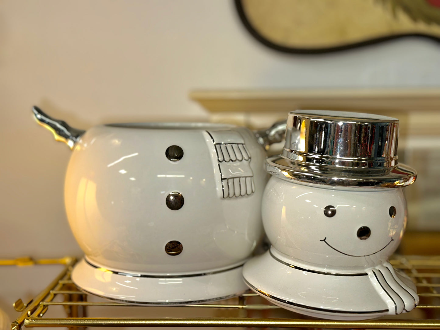 Christmas Ceramic Snowman Cookie Jar with Silver Accents