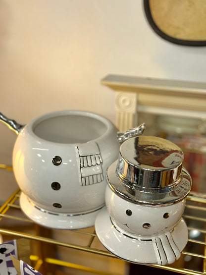 Christmas Ceramic Snowman Cookie Jar with Silver Accents