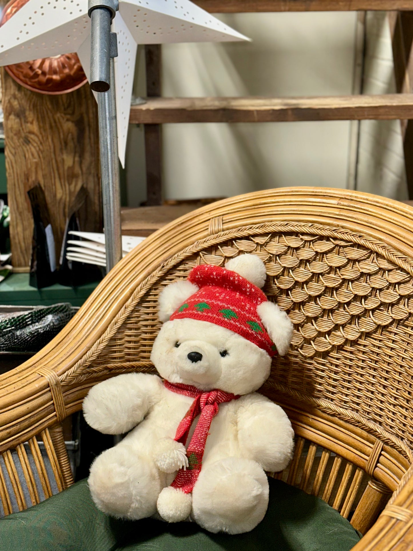 Vintage Polar Bear Plush Toy with Red Christmas Hat and Scarf