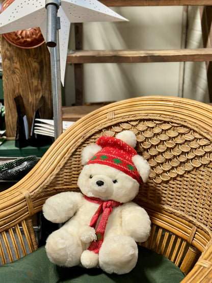 Vintage Polar Bear Plush Toy with Red Christmas Hat and Scarf