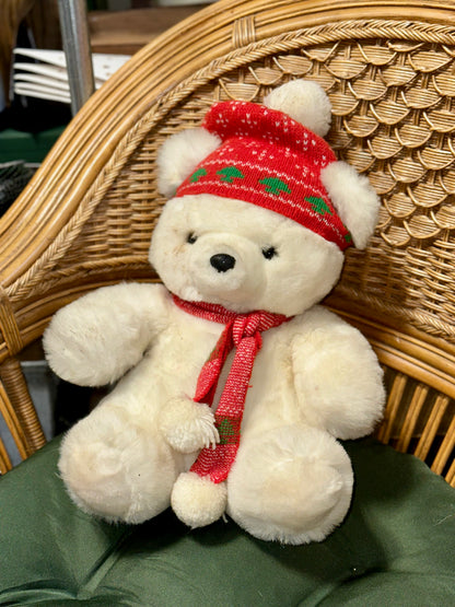 Vintage Polar Bear Plush Toy with Red Christmas Hat and Scarf