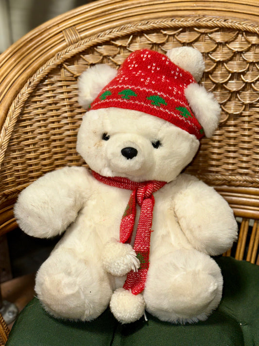 Vintage Polar Bear Plush Toy with Red Christmas Hat and Scarf