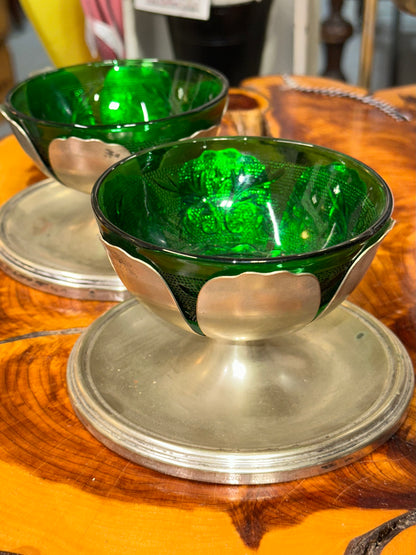 Vintage Emerald Green Glass Serving Dish with Removable Hammered Metal Base