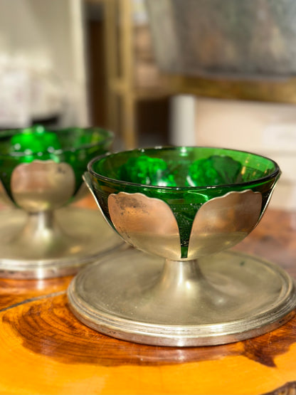 Vintage Emerald Green Glass Serving Dish with Removable Hammered Metal Base