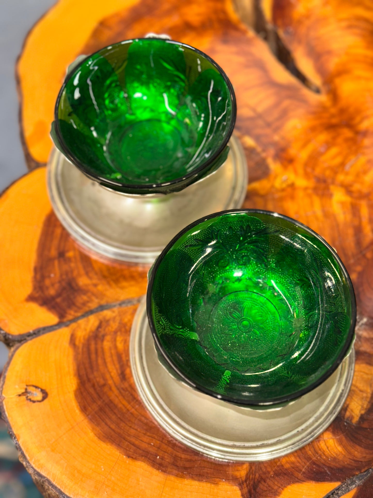 Vintage Emerald Green Glass Serving Dish with Removable Hammered Metal Base