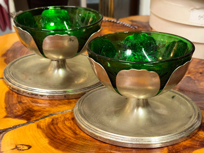 Vintage Emerald Green Glass Serving Dish with Removable Hammered Metal Base