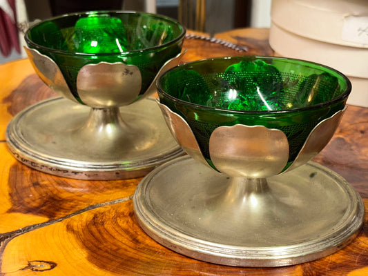 Vintage Emerald Green Glass Serving Dish with Removable Hammered Metal Base