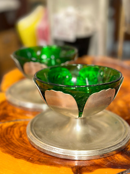 Vintage Emerald Green Glass Serving Dish with Removable Hammered Metal Base