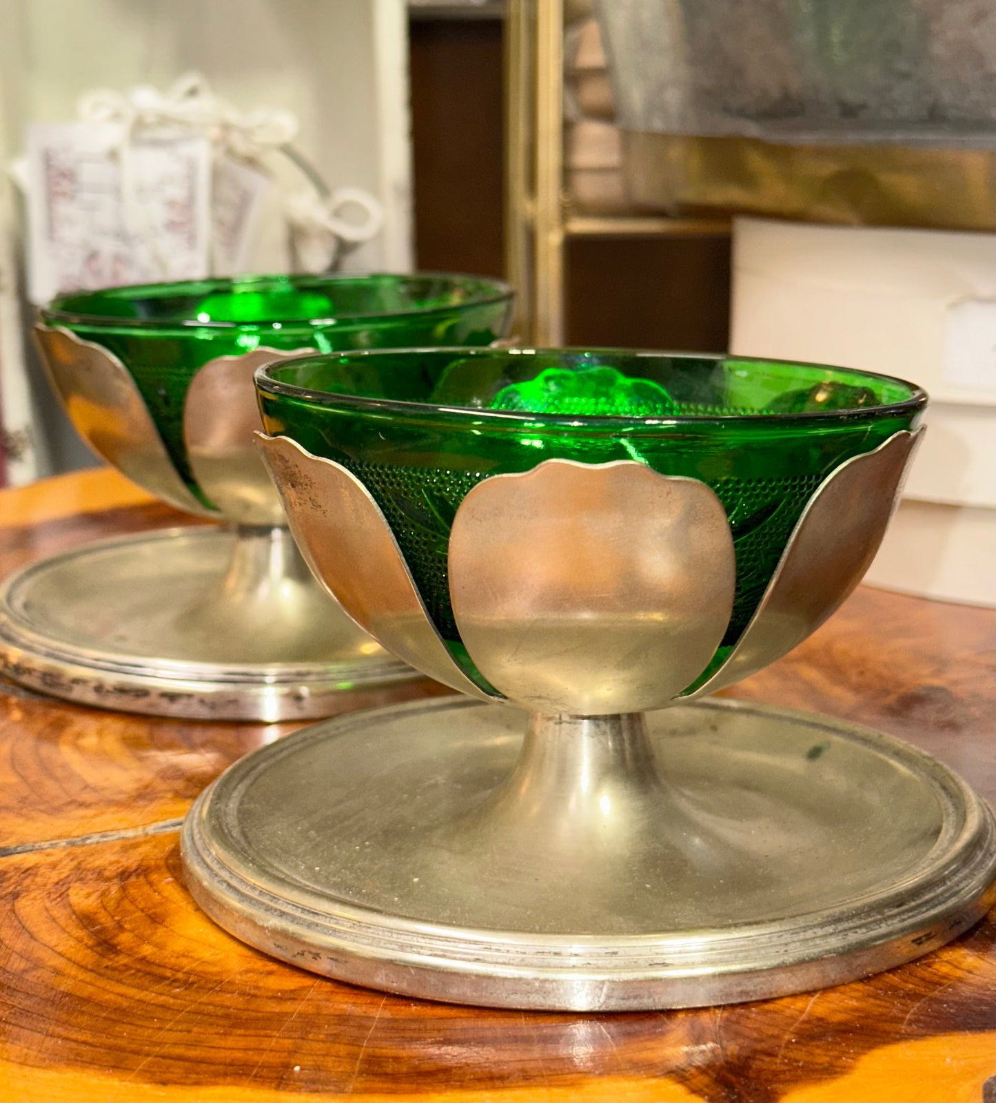 Vintage Emerald Green Glass Serving Dish with Removable Hammered Metal Base