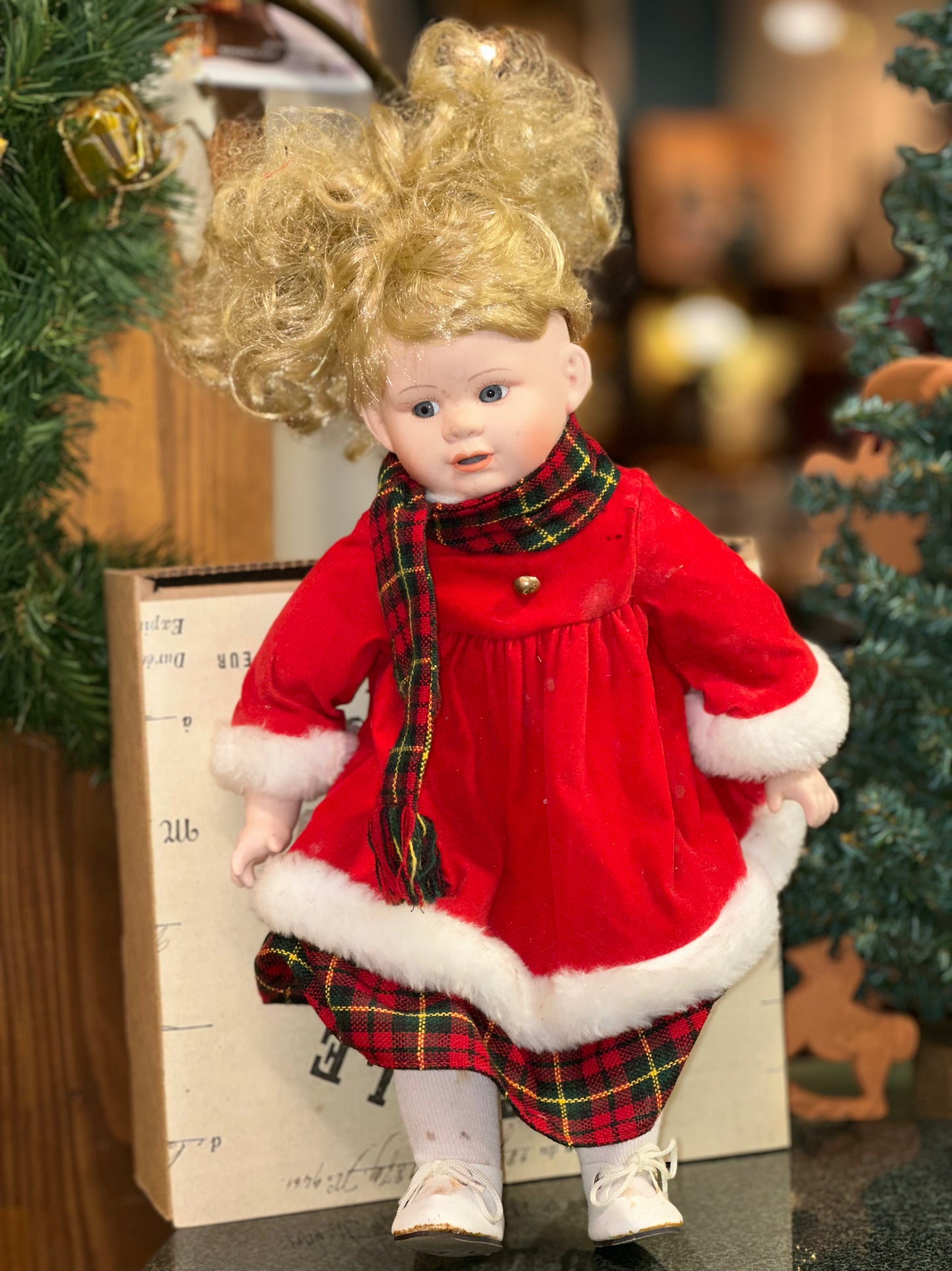 Vintage Porcelain Christmas Girl Doll – Red Holiday Dress & Plaid Trim