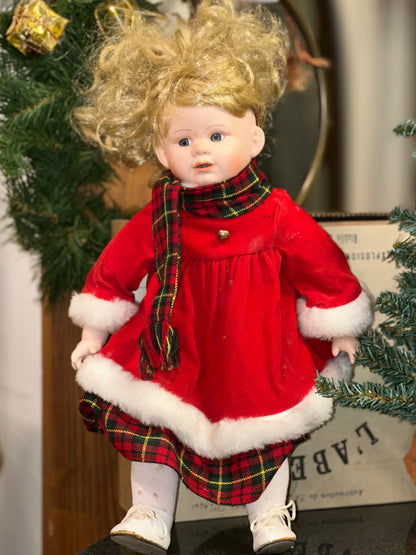 Vintage Porcelain Christmas Girl Doll – Red Holiday Dress & Plaid Trim