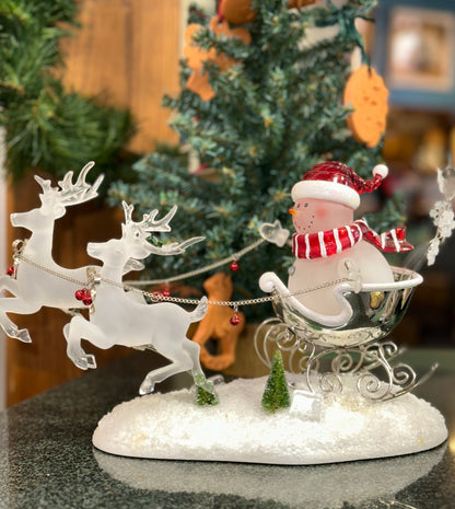 Light-Up Snowman Sleigh with Acrylic Reindeer Holiday Figurine