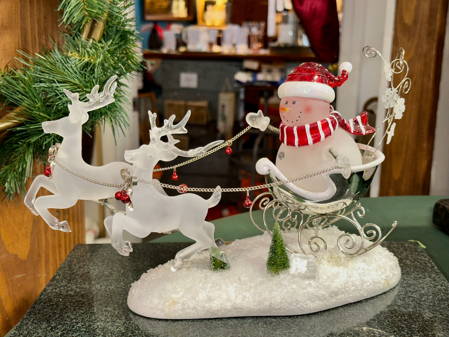 Light-Up Snowman Sleigh with Acrylic Reindeer Holiday Figurine
