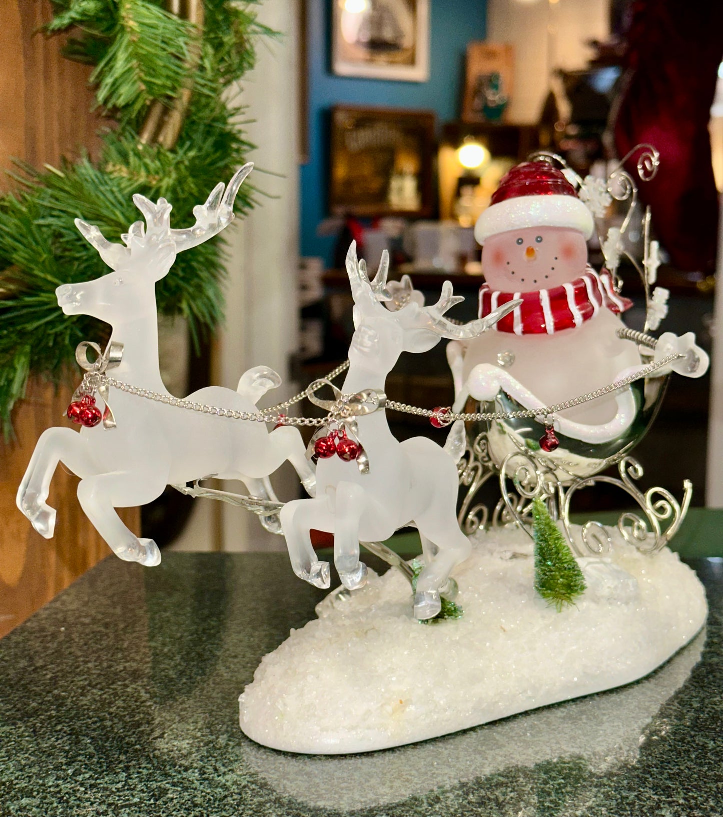 Light-Up Snowman Sleigh with Acrylic Reindeer Holiday Figurine